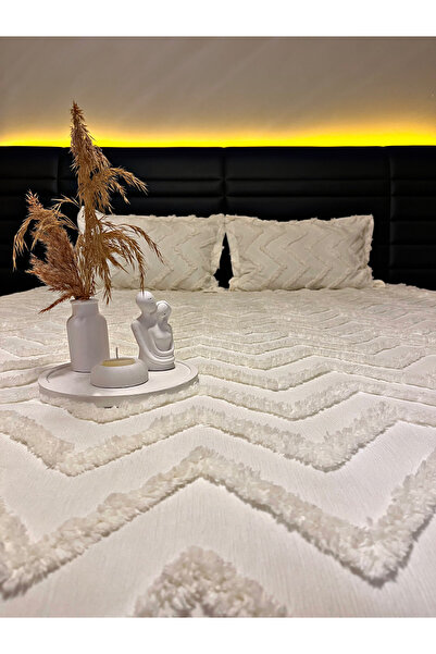 PEREN HOME Premium Quality Tasseled Double Bedspread 250X250 2 Pillowcases Cream