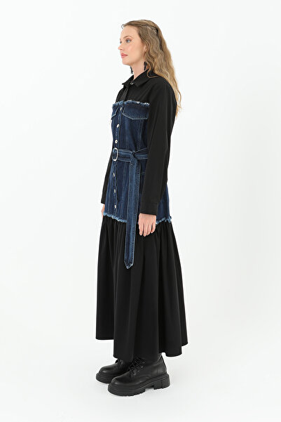 Modamorfo Μακρύ φόρεμα με λεπτομέρεια τζιν και ζώνη - 32008ELB