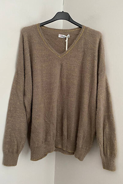 AYASOFYA OTANTIK Women's Italian Mink V-Neck Silvery Loose Blouse Sweater