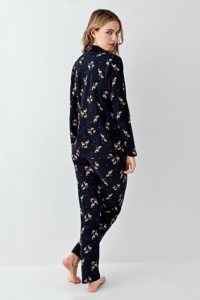 The Clover New Year's Themed Shirt Collar Navy Blue Women's Pajama Set Thc0L15Vr34Arn