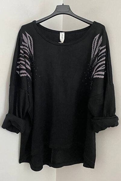 AYASOFYA OTANTIK Women's Italian Black Round Neck Stone Angel Wing Detailed L...