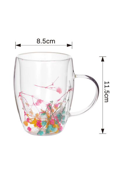 Malooki Glass mug with dried flowers – Blue, pink and yellow