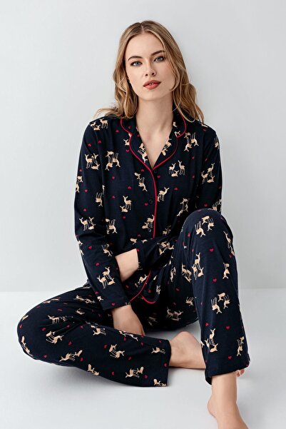 The Clover New Year's Themed Shirt Collar Navy Blue Women's Pajama Set Thc0L15Vr34Arn