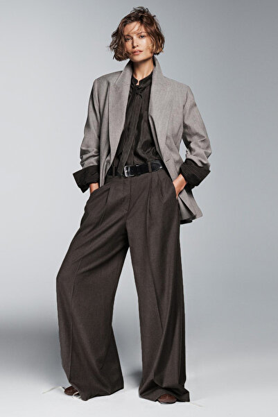 Açelya Okcu Premium BALLARD Παντελόνι με φαρδύ πόδι με ύφανση στη μέση