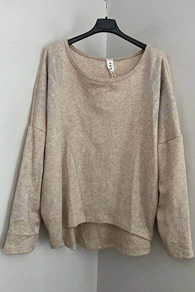 AYASOFYA OTANTIK Women's Italian Beige Round Neck Stone Angel Wing Detailed Long Sleeve Loose Blouse Sweater