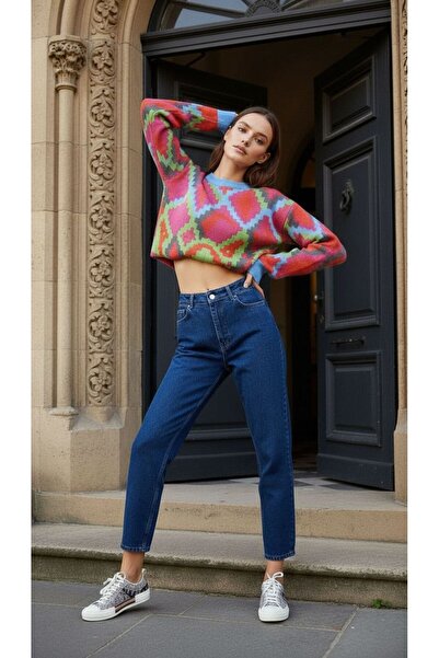 geenz manifacture Medium Blue Sky Stretch Fabric Flexible Mom Jeans Denim Trousers