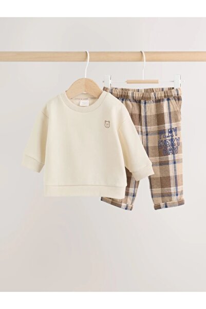 Next Baby طقم سويت شيرت وبنطلون للأطفال بنقشة مربعات محايدة