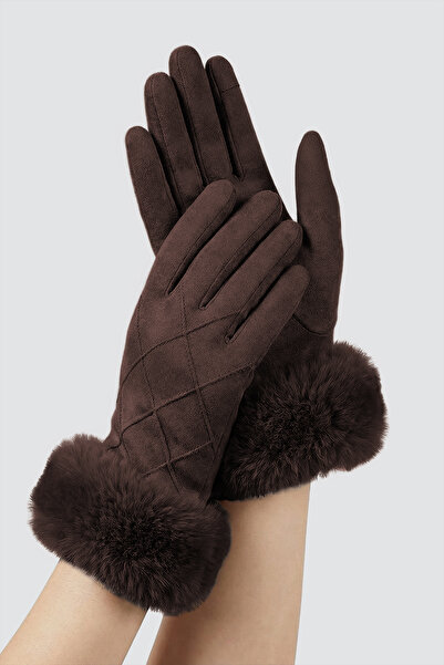 robanu Kadın Kahverengi Dokunmatik Ekran Uyumlu Kürklü Süet Eldiven