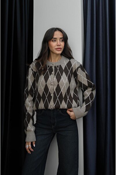 Havoş Mink Brown Coated Buttoned Diamond Pattern Cardigan