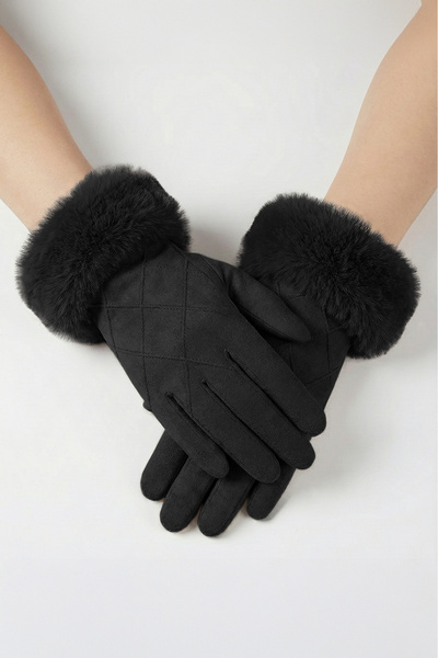 robanu Kadın Siyah Dokunmatik Ekran Uyumlu Kürklü Süet Eldiven
