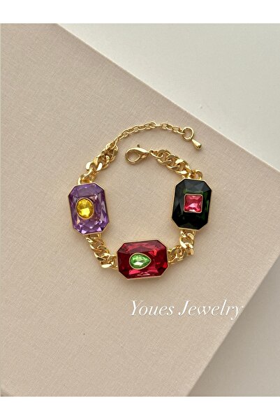 YOUES JEWELRY سوار من الأحجار الكريمة الملونة مع حجر الباجيت الفولاذي