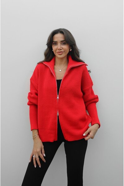 Havoş Kırmızı Katlı Yaka Çift Fermuarlı Hırka