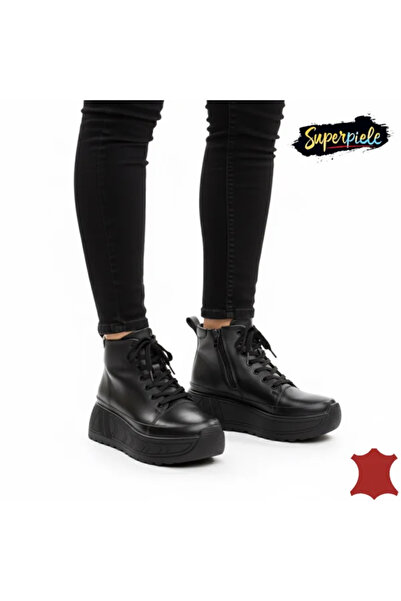 piele naturala Black women's sporty fur-lined leather boots with thick sole, laces and zipper