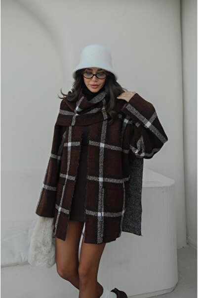 Havoş Brown Checkered Scarf Cardigan