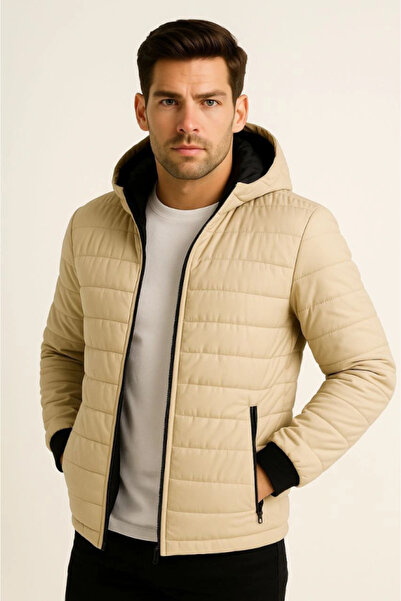 civetta Men's Inflatable Hooded Zipper Jacket Water Repellent Quilted Lined Fabric with Pockets Winter Comfortable