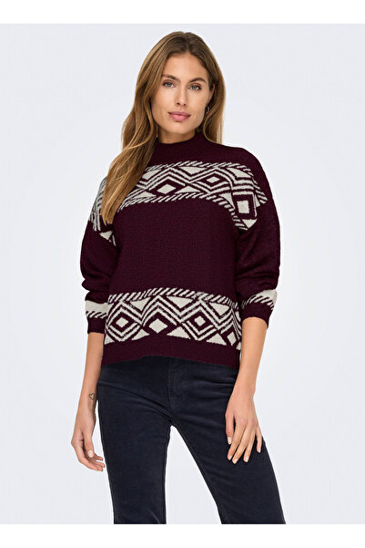 ONLY O Yaka Rahat Desenli Bordo Kadın Kazak ONLVICTORIA L/S PULLOVER KNT NOOS