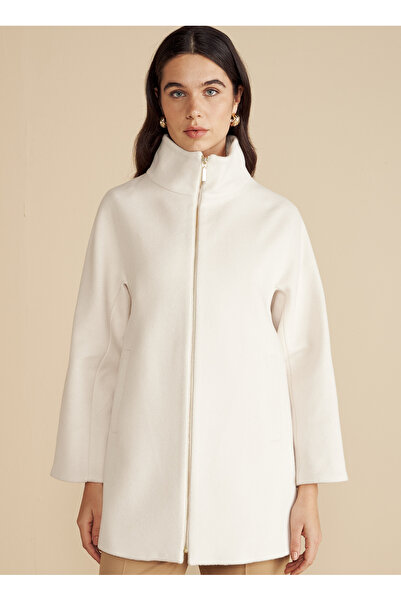 BROOKS BROTHERS Ekru Kadın Kaban Dik Yakalı Kısa Yün Kaban