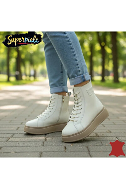 piele naturala Women's leather beige boots with thick brown sole