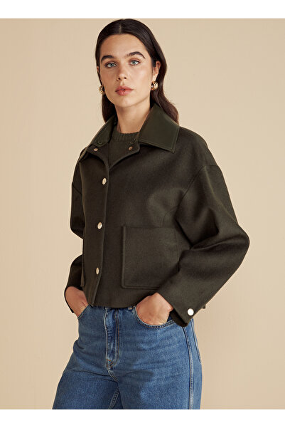 BROOKS BROTHERS Haki Kadın Mont Çıkartılabilir Deri Yakalı Yün Kısa