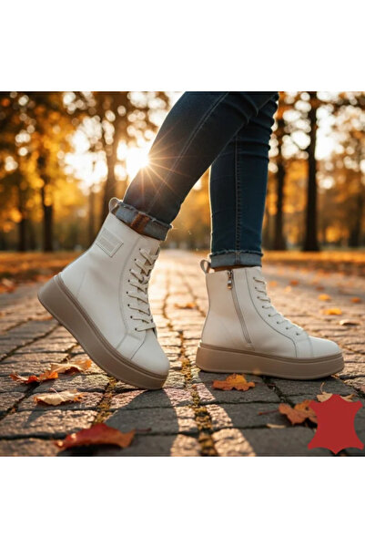 piele naturala Women's leather beige boots with thick brown sole