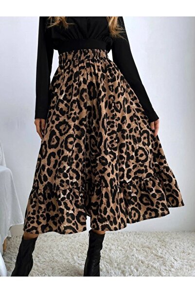 JANES Γυναικείο μακρυμάνικο φόρεμα διπλό πέτο με λαιμόκοψη, εισαγόμενη μπλούζα κρεπ και μονόχρωμο μακρύ φόρεμα με στάμπα λεοπάρ