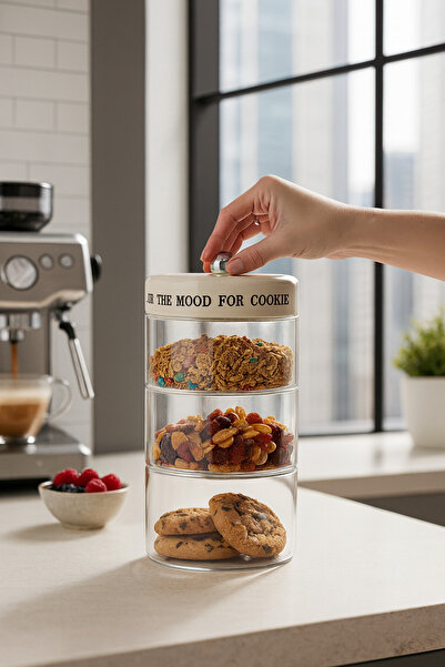 Kezze 3 Katlı Cam Saklama Kabı Seti-(2 x 750ml+600ml) Krem Çok Katlı Atıştırmalık ve Kuru Gıda Düzünleyici