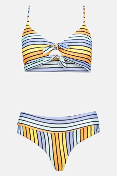 Hurley Women 2 Piece Stripe Bikini Top And Bottom, Yellow/Blue Combo
