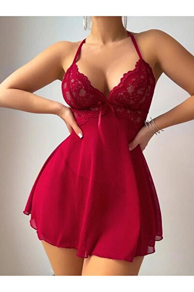 GLOWNİGHT Kadın Dantel Detaylı Tül Gecelik