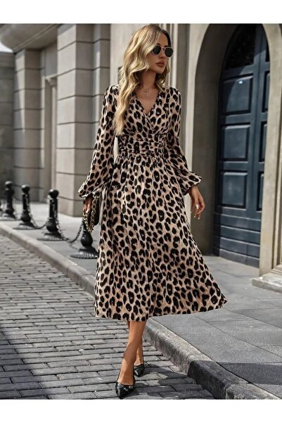 buğrahayalin Γυναικείο μακρυμάνικο φόρεμα διπλό πέτο με λαιμόκοψη και λεοπάρ στάμπα