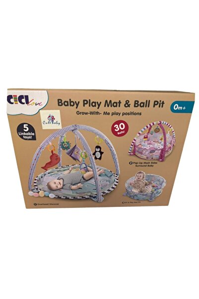 Cute Baby 5-in-1 Baby Play Gym Mat with Ball Pit, Sensory Toys, Mirror, Headrest, Non-Slip