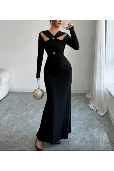 RANO-BOUTİQUE فستان أسود أنيق أكمام طويلة وخصر ضيق مزين بتفاصيل مميزة