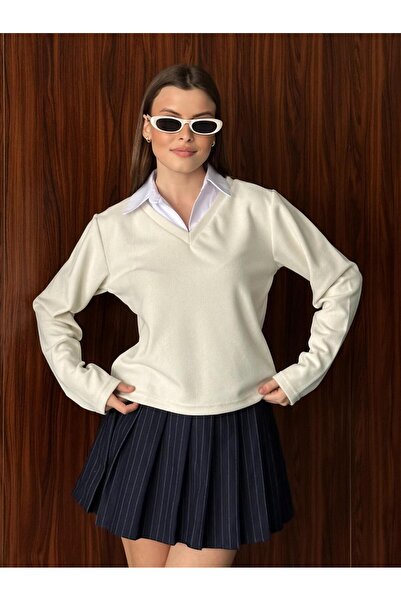 FERZOLAİO Shirt Collar V-Neck Ecru Knitwear Sweater