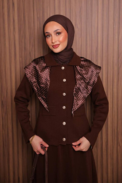 Balenbi Women's Tight Knit Polo Neck Cardigan with Skirt Hijab Knitwear Set 1151