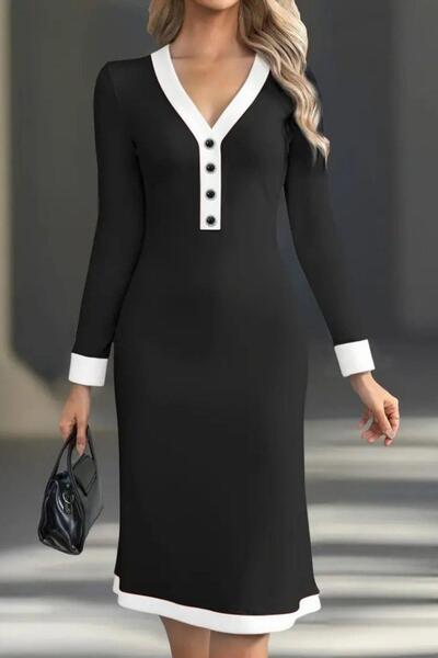Mossta V Neck Buttoned Long Sleeve Midi Modal Dress - Black