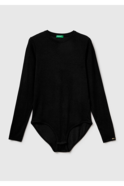 United Colors of Benetton Women's black modal and cashmere blend long sleeve bodysuit