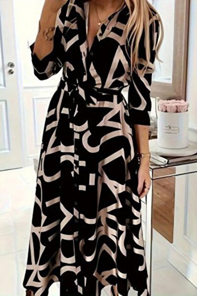 Mossta Μακρύ φόρεμα με μονόχρωμο μπλουζάκι με κουμπιά μπροστά - Μαύρο