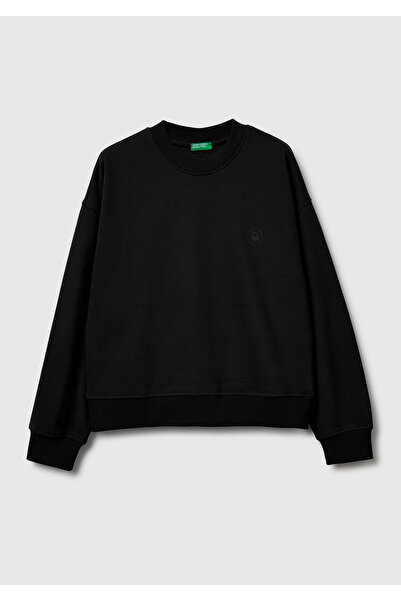 United Colors of Benetton Women's Black Cotton Blend Logo Printed Sweatshirt