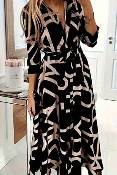 Mossta Μακρύ φόρεμα με μονόχρωμο μπλουζάκι με κουμπιά μπροστά - Μαύρο