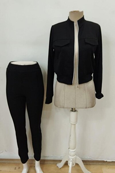 Mossta Mock Neck Modal Zippered Jacket and Pants Two-Piece Set - Black
