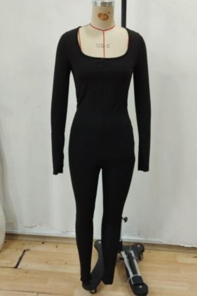 Mossta Square Neck Zippered Diving Jumpsuit - Black