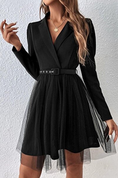 Mossta Κομψό Μίνι Φόρεμα Κρεπ Εισαγωγής με Λεπτομέρεια από Τούλι με Γιακά Μπλέιζερ - Μαύρο