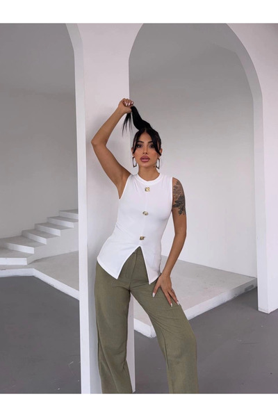 ZENGEZUR MALL Nrzsnt Women's White Crew Neck Gold Buttoned Ottoman Blouse S2310 (84118) (Size: S)