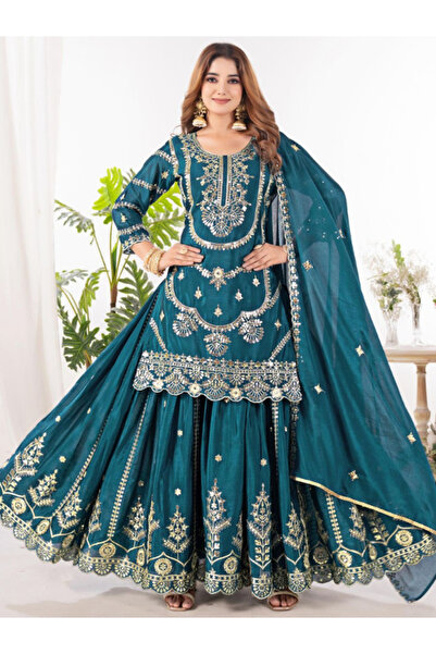 MYSMAR Blue Chinnon Silk Top Bottom & Dupatta - HRT3600 | Blue