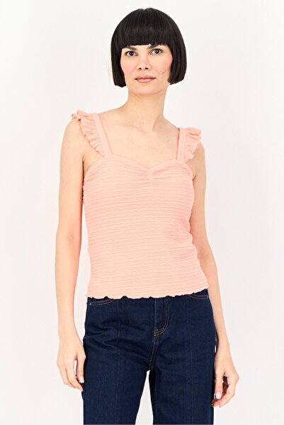 PROMOD Women Square Neck Sleeveless Textured Tank Top, Coral