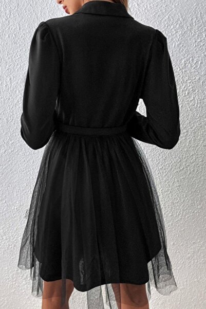 Mossta Κομψό Μίνι Φόρεμα Κρεπ Εισαγωγής με Λεπτομέρεια από Τούλι με Γιακά Μπλέιζερ - Μαύρο