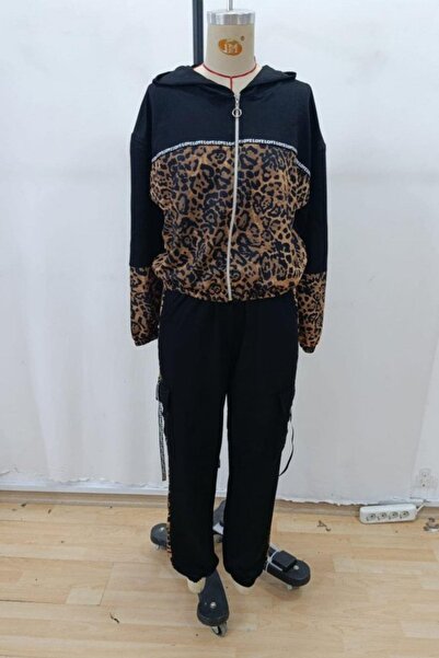 Mossta Patterned Viscose Two Thread Blouse and Pants Two-Piece Set with Elasticated Ankles and Waist - Black