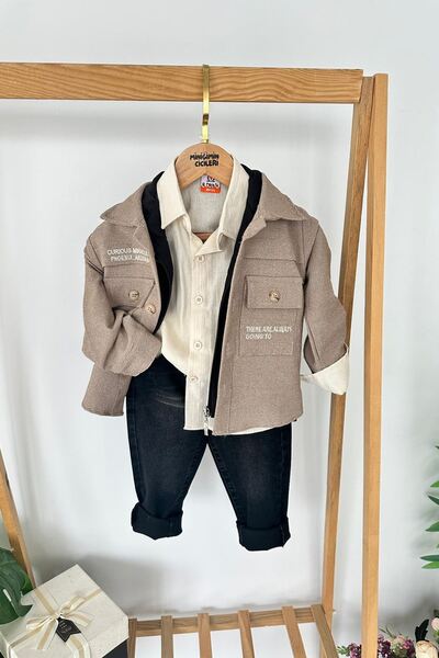 Minigimin Cicileri Set de 4 piese pentru băieți, cu guler cămașă, cu detalii de broderie, pentru copilul meu - maro