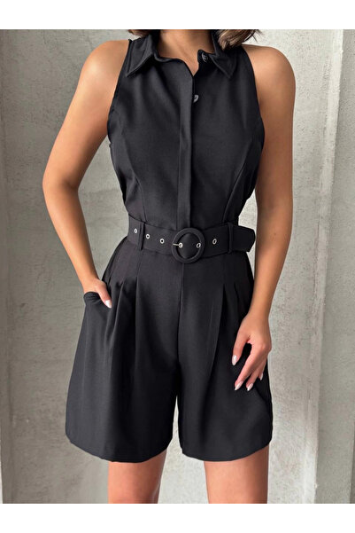 ZENGEZUR MALL Nrzsnt Collared Shorts Jumpsuit Black (84131) (Size: S)