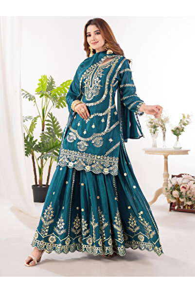 MYSMAR Blue Chinnon Silk Top Bottom & Dupatta - HRT3600 | Blue
