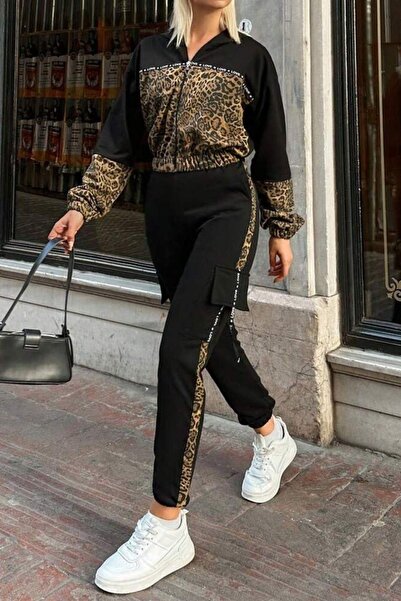 Mossta Patterned Viscose Two Thread Blouse and Pants Two-Piece Set with Elasticated Ankles and Waist - Black